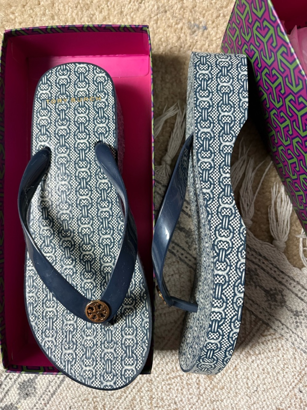 Tory Burch Navy & White Patterned Flip-Flop Sandals